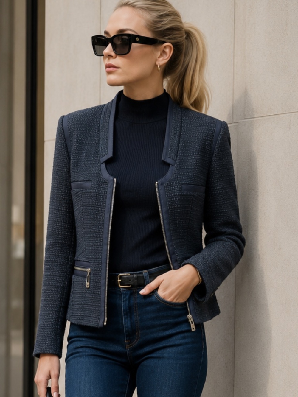 LAUREL Textured Zip Front Jacket Blue Structured Knit Moto Style Blazer US 12